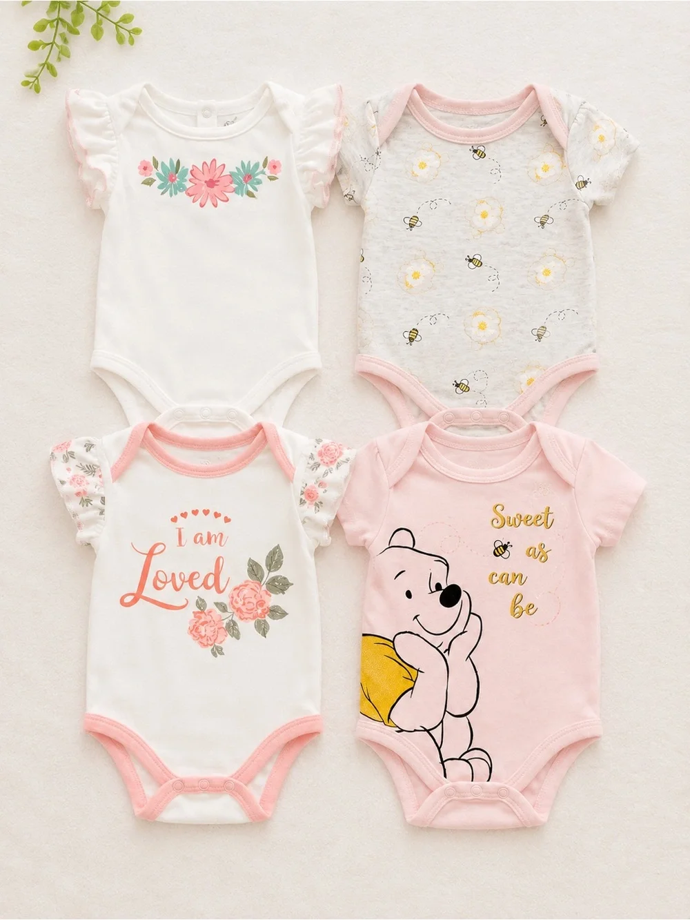 Baby Girls 4-Pack Floral & Character Short-Sleeve Onesies - Pink & White